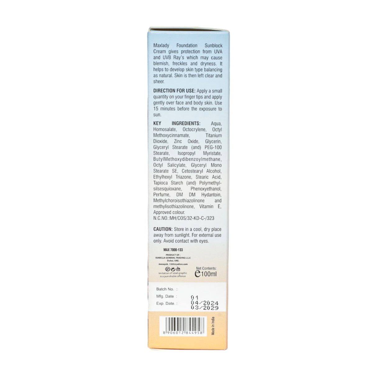 Max Lady Foundation Sunblock Cream 100ml