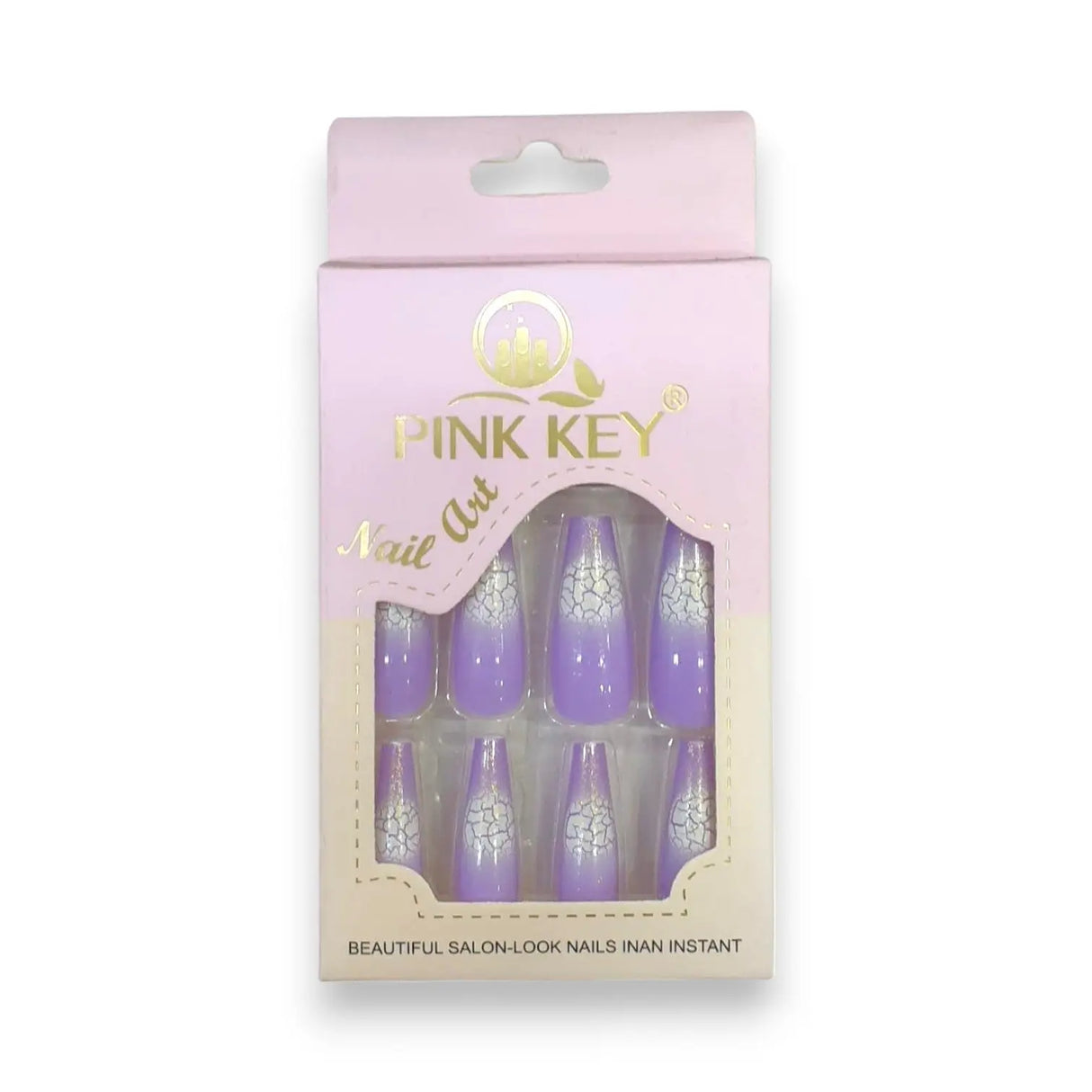 Pink Key Gel Shine Nail Tips With Crackle Effect 12 pcs Glagil