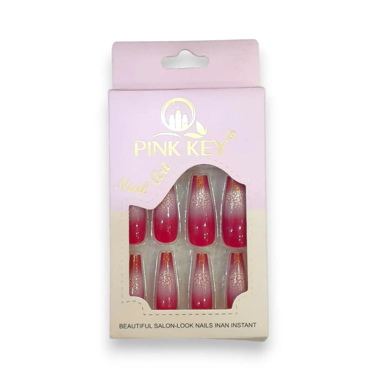 Pink Key Gel Shine Nail Tips With Crackle Effect 12 pcs Glagil