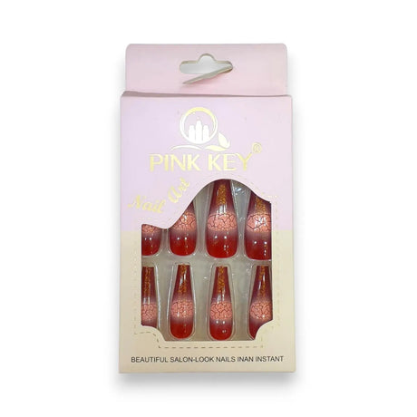 Pink Key Gel Shine Nail Tips With Crackle Effect 12 pcs Glagil