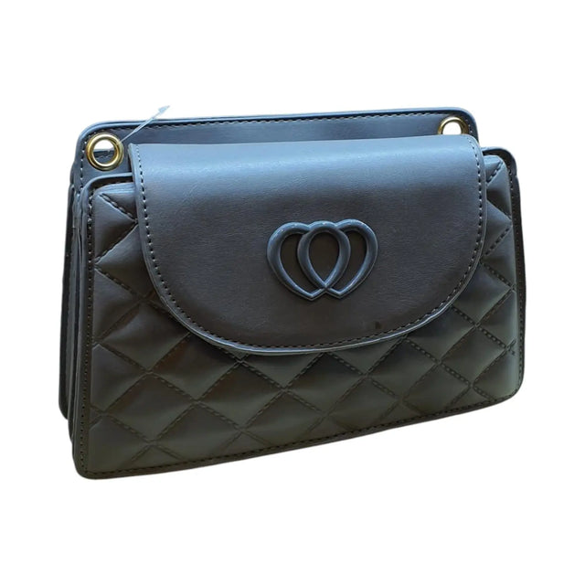 Quilted Crossbody Bag with Double Heart Accent - Glagil