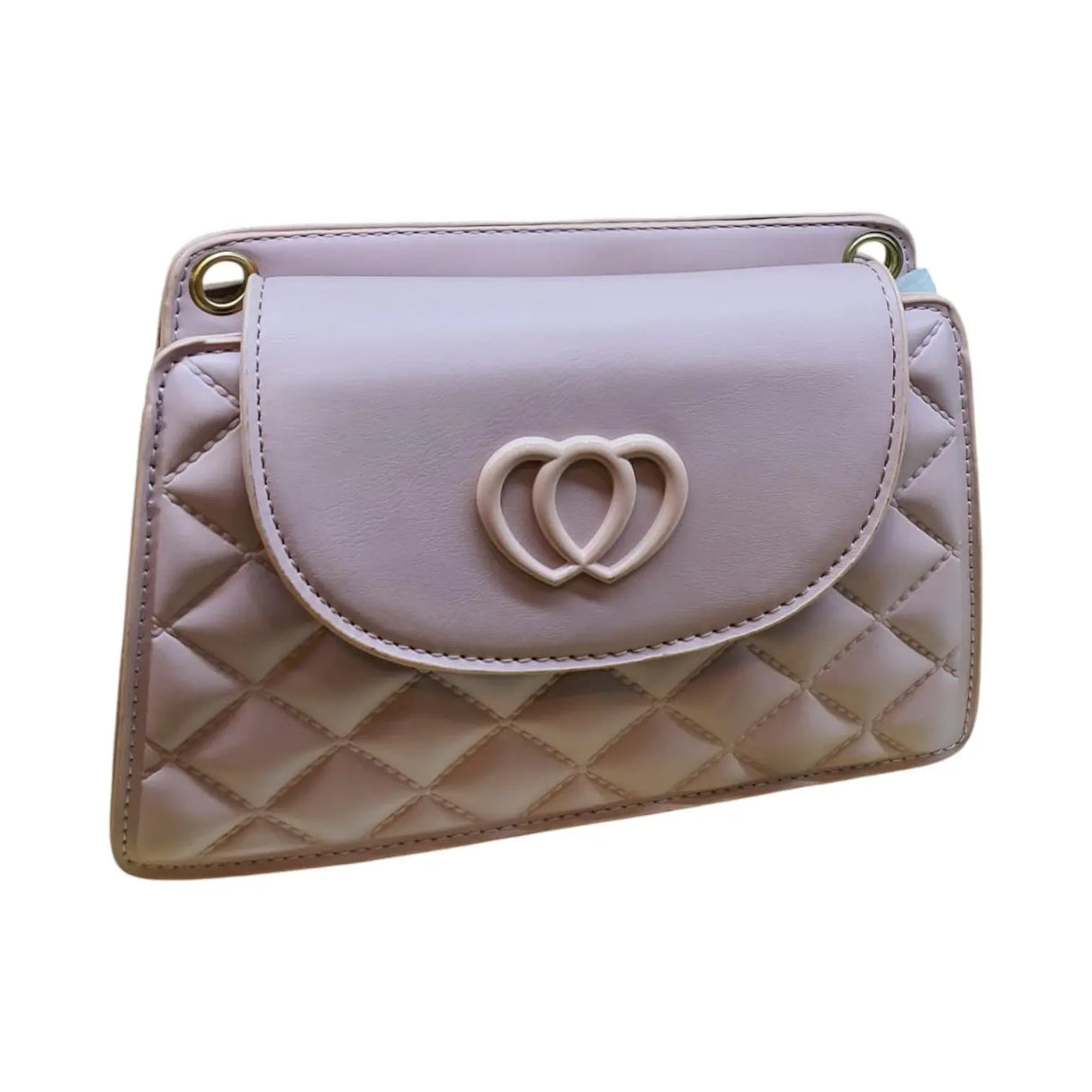 Quilted Crossbody Bag with Double Heart Accent - Glagil