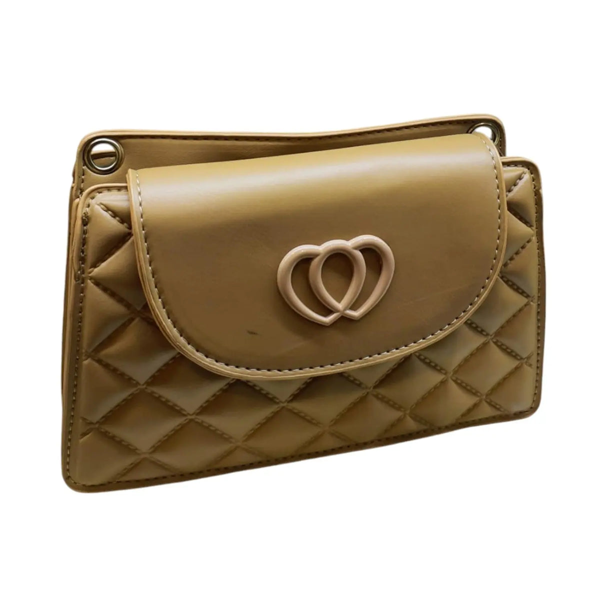 Quilted Crossbody Bag with Double Heart Accent - Glagil