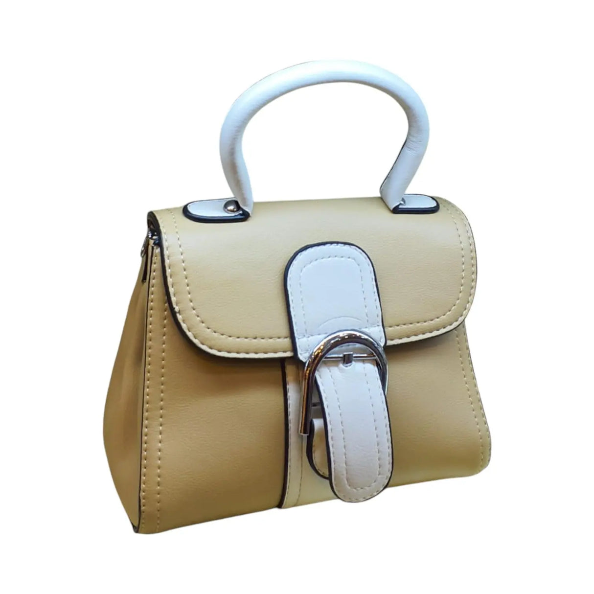 Handbag with White Handle and Buckle Accent - Glagil