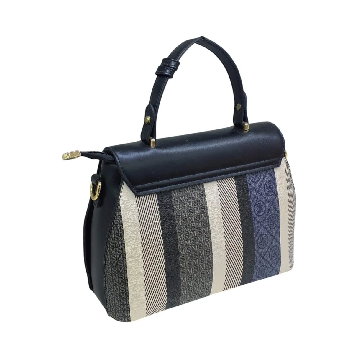 Striped Top Handle Bag with Buckle Lock - Glagil