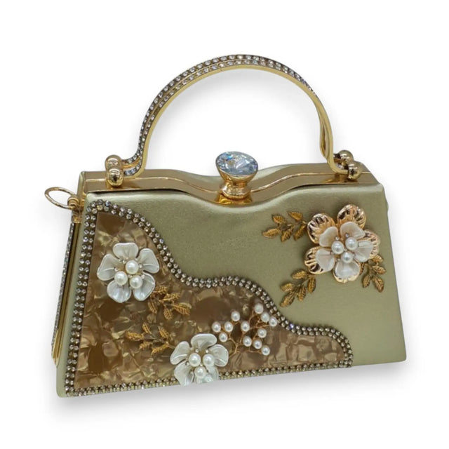 Floral Pearl Embellished Gold Evening Clutch - Glagil