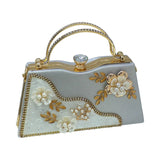 Floral Pearl Embellished Gold Evening Clutch - Glagil