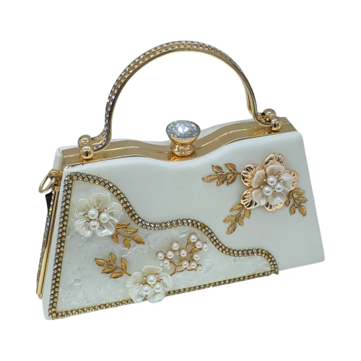 Floral Pearl Embellished Gold Evening Clutch - Glagil