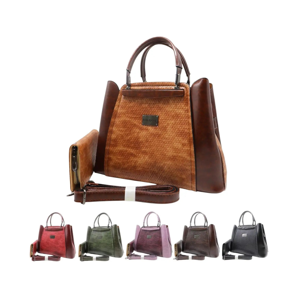 Bs Elegant Textured Two-Tone Structured Handbag Set with Wallet - Glagil