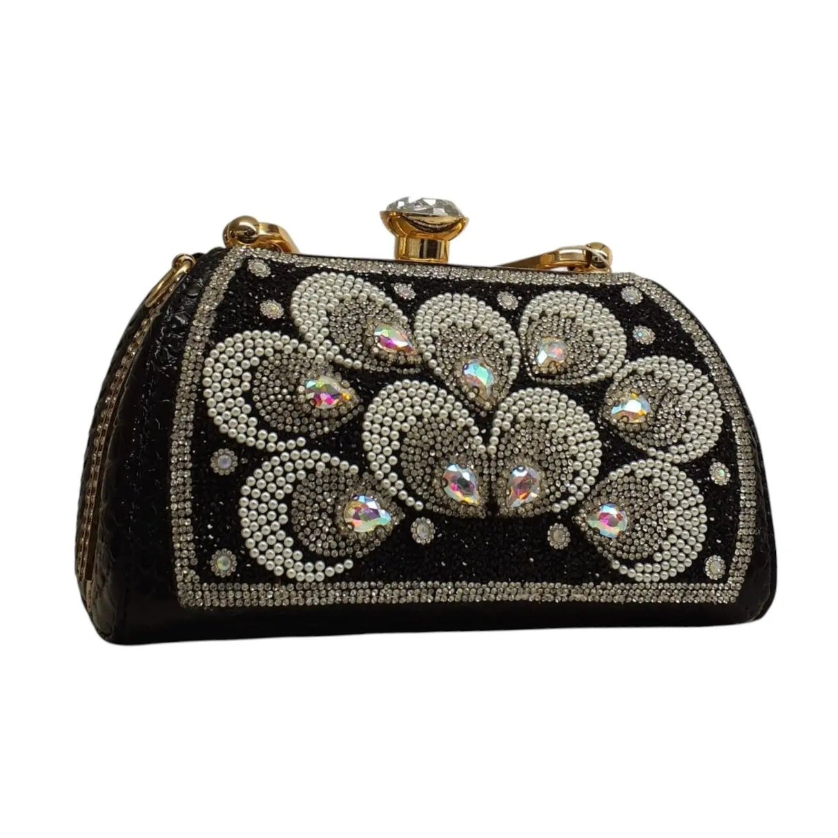 Croc-Embossed Crystal Embellished Clutch with Peacock Pattern - Glagil