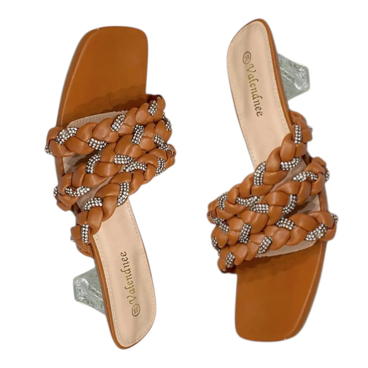 Valendnee Braided Rhinestone Block Heel Sandals - Glagil