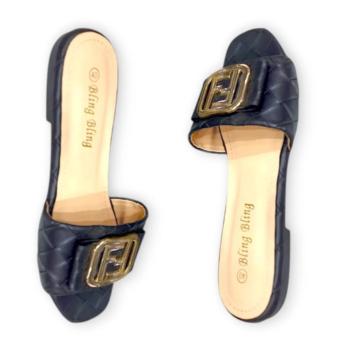 Bling Bling Quilted Slide Sandal with Gold Buckle - Glagil