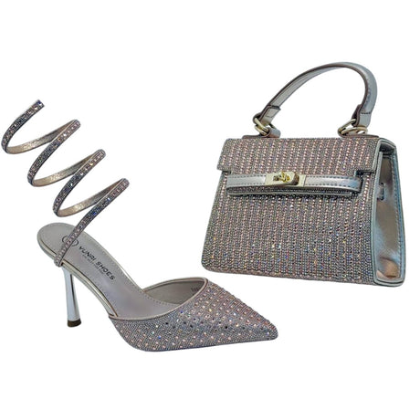 Yunai Strappy Rhinestone Spiral High Heels and Mini Handbag Set - Glagil