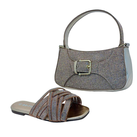 Qq Fish Glittery Buckle Handbag and Rhinestone Strappy Sandal Set - Glagil