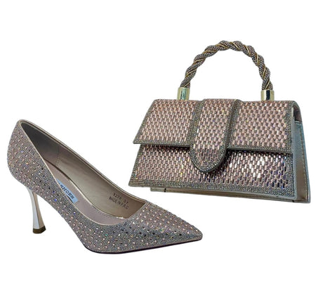 Yunai Glitter Pointed Heels and Rhinestone Twisted Rope Handbag Set - Glagil