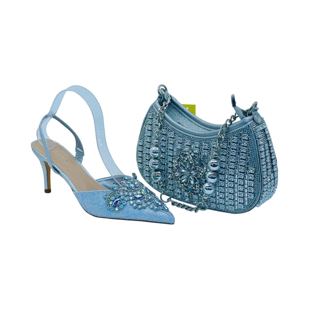 Talyu Embellished Kitten Heel Slingback Shoes and Rhinestone Floral Pearl Handbag Set - Glagil