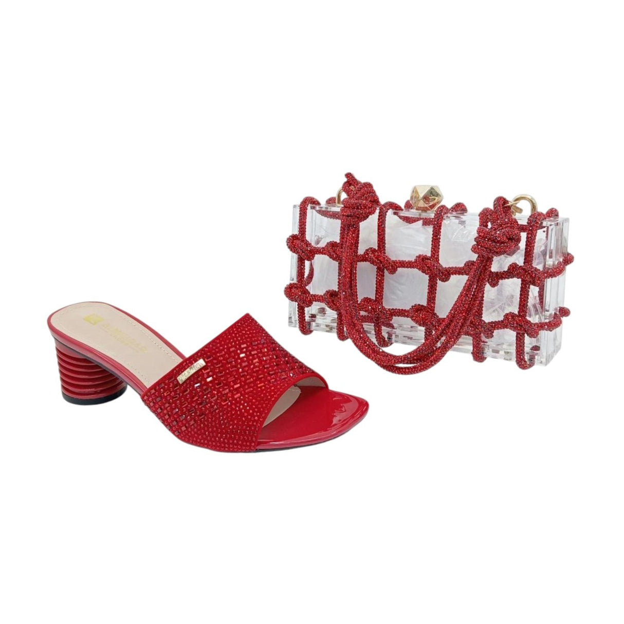 Aimeigao Rhinestone Block Heels and Acrylic Handbag Set - Glagil