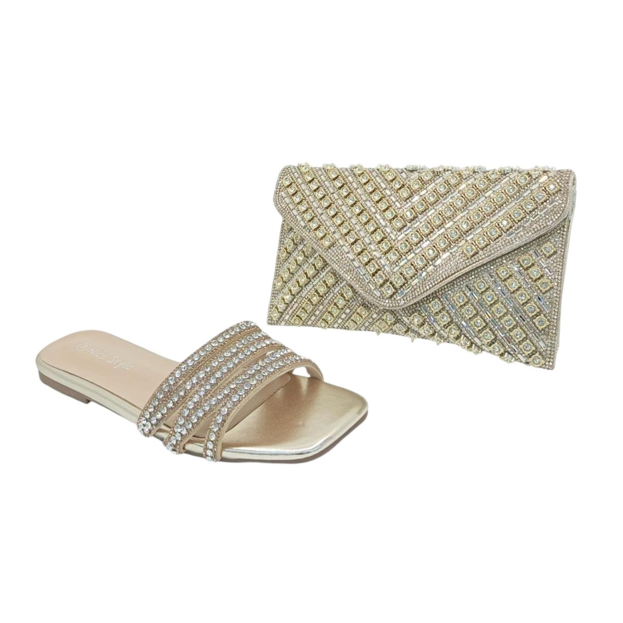 Nice Style Rhinestone Strap Flat Sandals & Clutch Set - Glagil