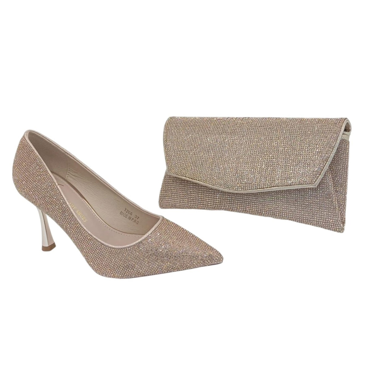 Yunai Rhinestone Pointed Toe Heels & Matching Clutch Set - Glagil