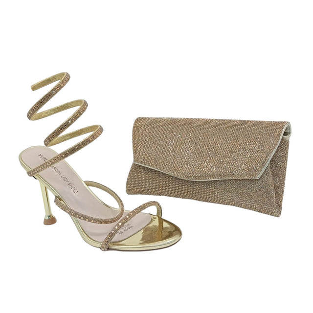 Yunai Strappy Rhinestone Spiral High Heels and Matching Clutch Set - Glagil