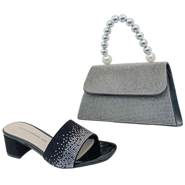 Taiyu Endless Love Midnight Rhinestone Strap Block Heels & Handbag Set - Glagil