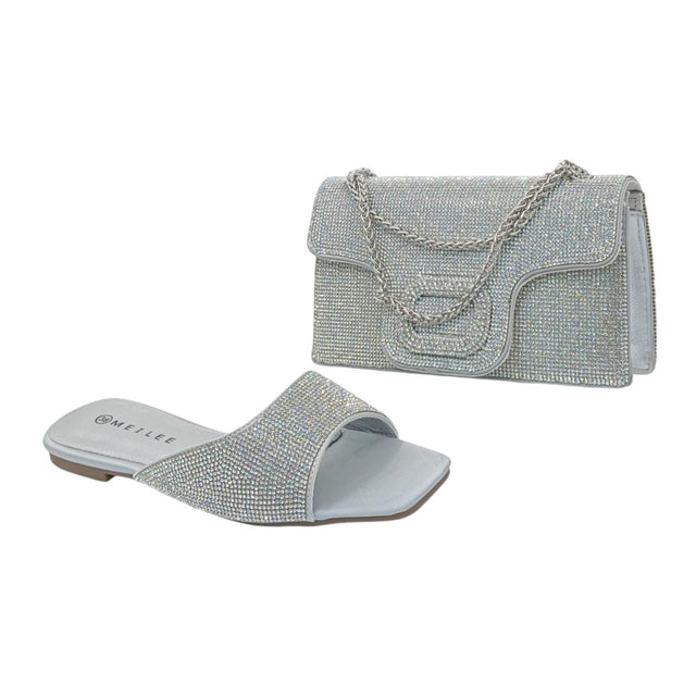 Meilee Open Toe Rhinestone Flat Mules & Clutch Set - Glagil