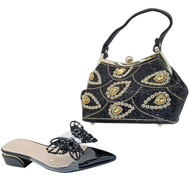 Butterfly Detail Clear Mules Block Sandal & Handbag Set - Glagil