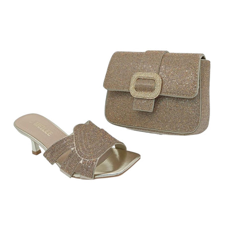 Meilee Rhinestone Low Heel Sandals and Buckle Handbag Set - Glagil