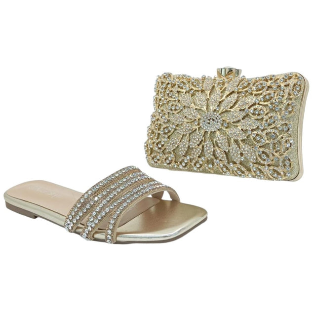 Nice Style Triangle Rhinestone Strap Heeled and Clutch Bag Set - Glagil