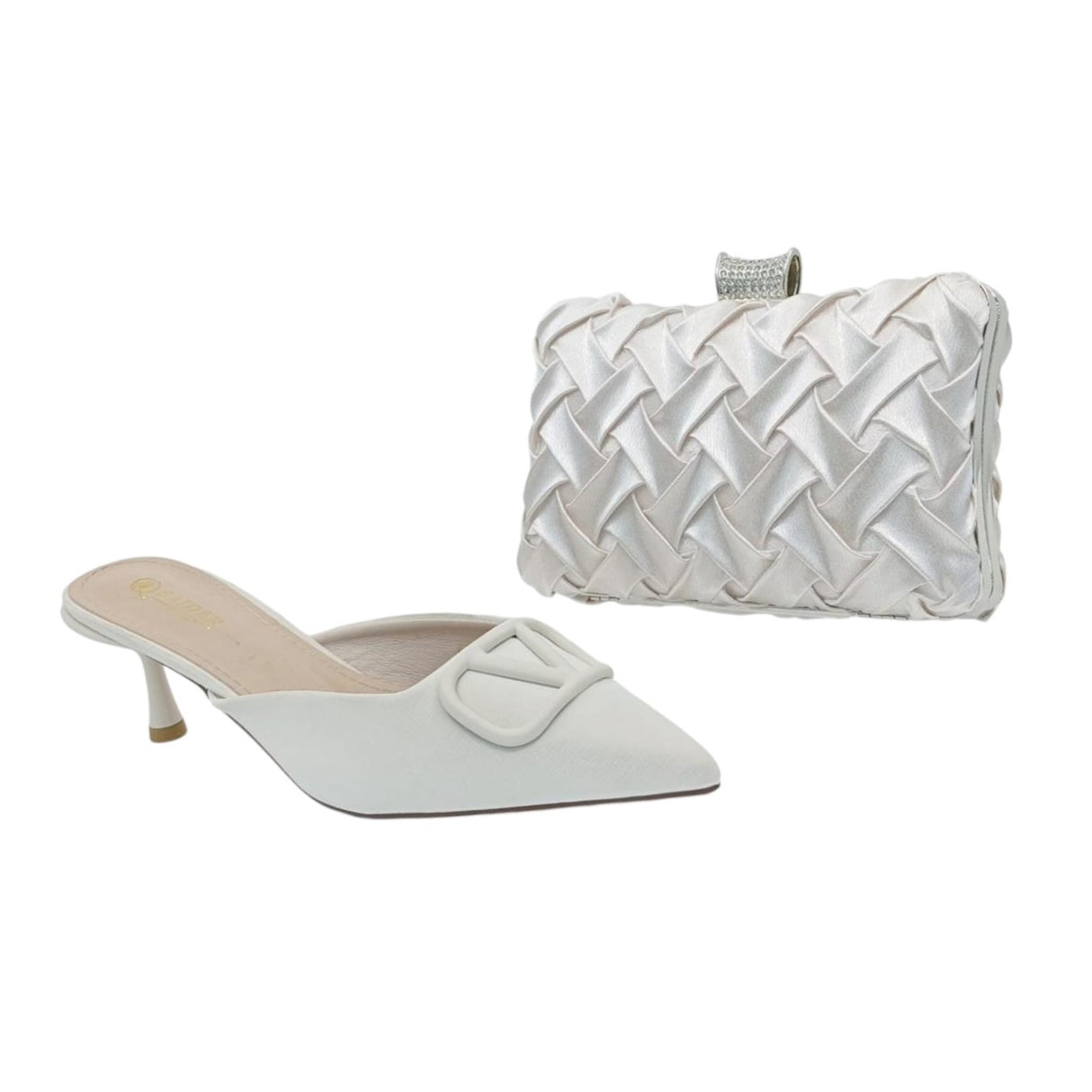 Taiyu Satin Pointed Mules Heeled and  Satin Woven Clutch Bag Set - Glagil