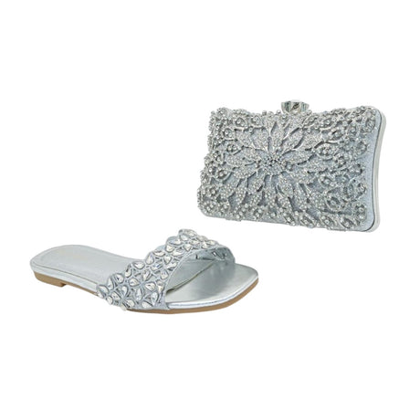 Meilee Embellished Flat Sandal and Floral Rhinestone Clutch Bag Set - Glagil