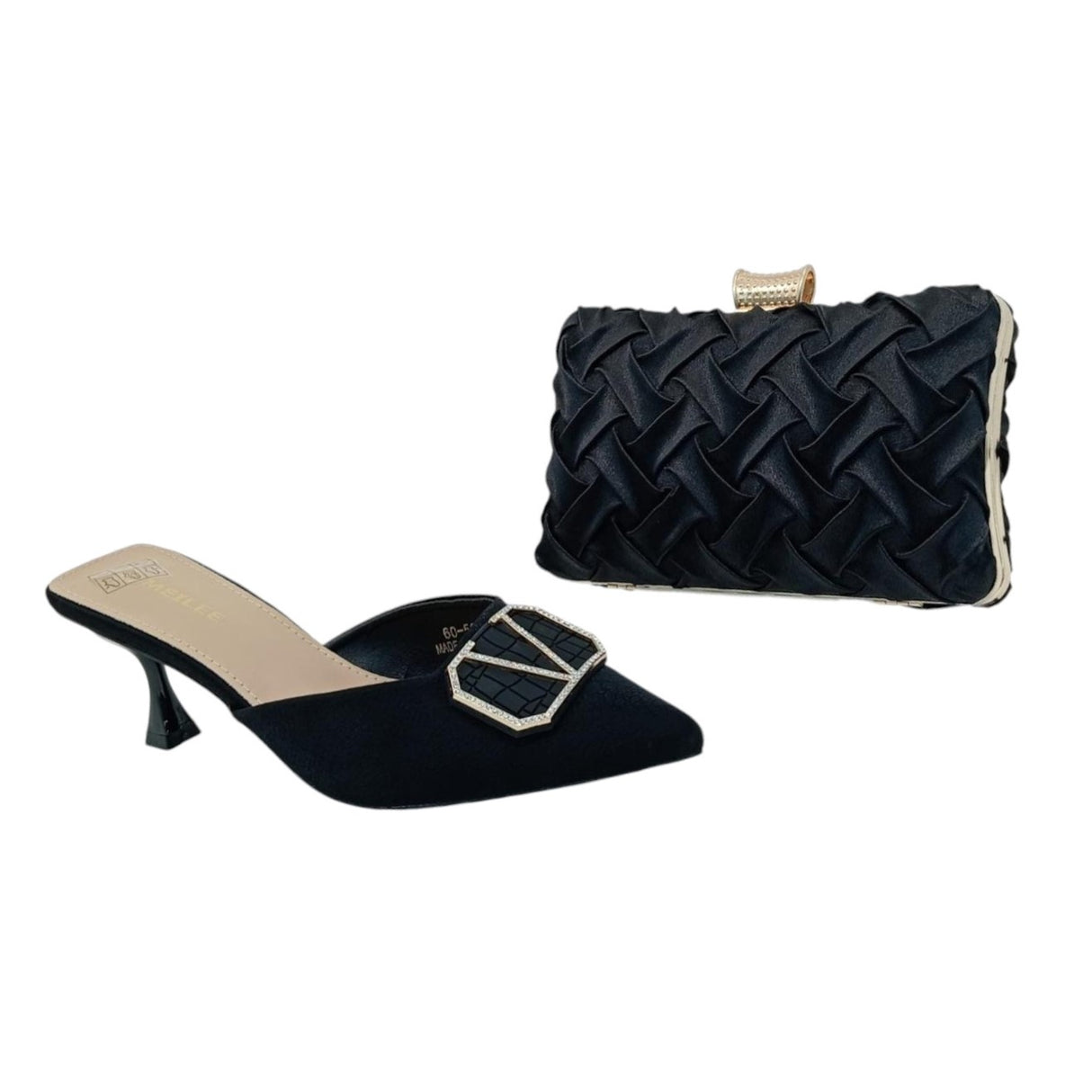 Meilee Pointed Toe Kitten Heel Mule and Satin Woven Clutch Bag Set - Glagil