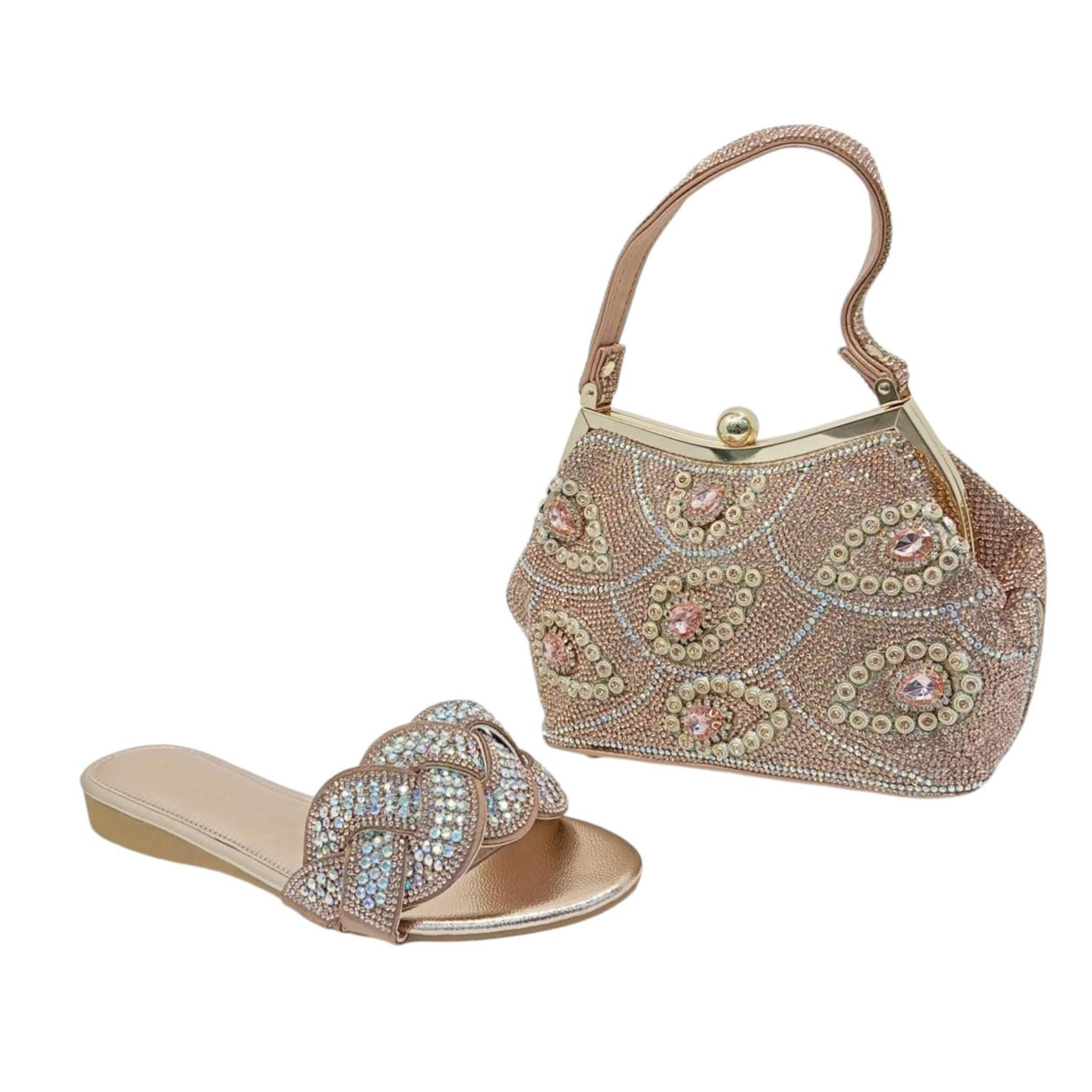 H and D Braided Embellished Flat Sandals and Peacock Feather Embellished Handbag Set - Glagil