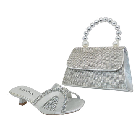 Qq Fish Net Rhinestone Heels and Pearl Handle Handbag Set - Glagil