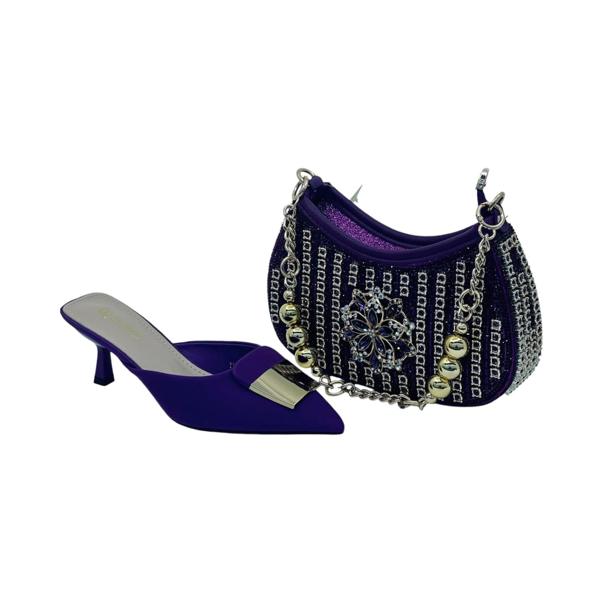 Saider Pointed Toe Mule and Rhinestone Floral Pearl Handbag Set - Glagil