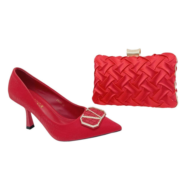 Oricca Buckle Pointed Toe Heels and Satin Woven Clutch Bag Set - Glagil