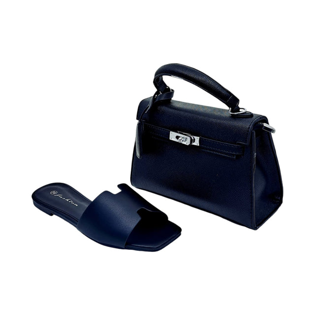 Fashion Open Toe Cut Out Flat Sandal and Minimalist Handbag with Twisted Lock Set - Glagil