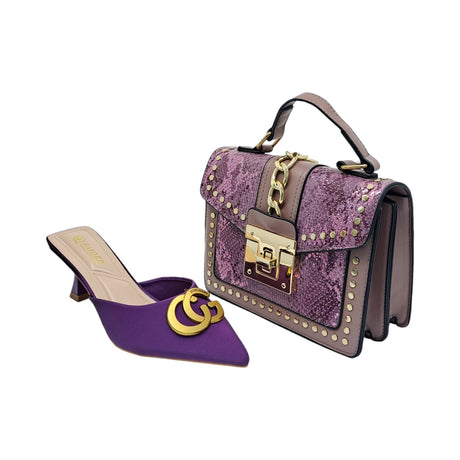 Saider Pointed Toe Mule and Snake Print Gold Accent Handbag Set - Glagil