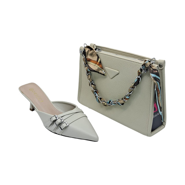 Oricca Buckle Pointed Toe Heels and Scarf Handle Leather Handbag Set - Glagil