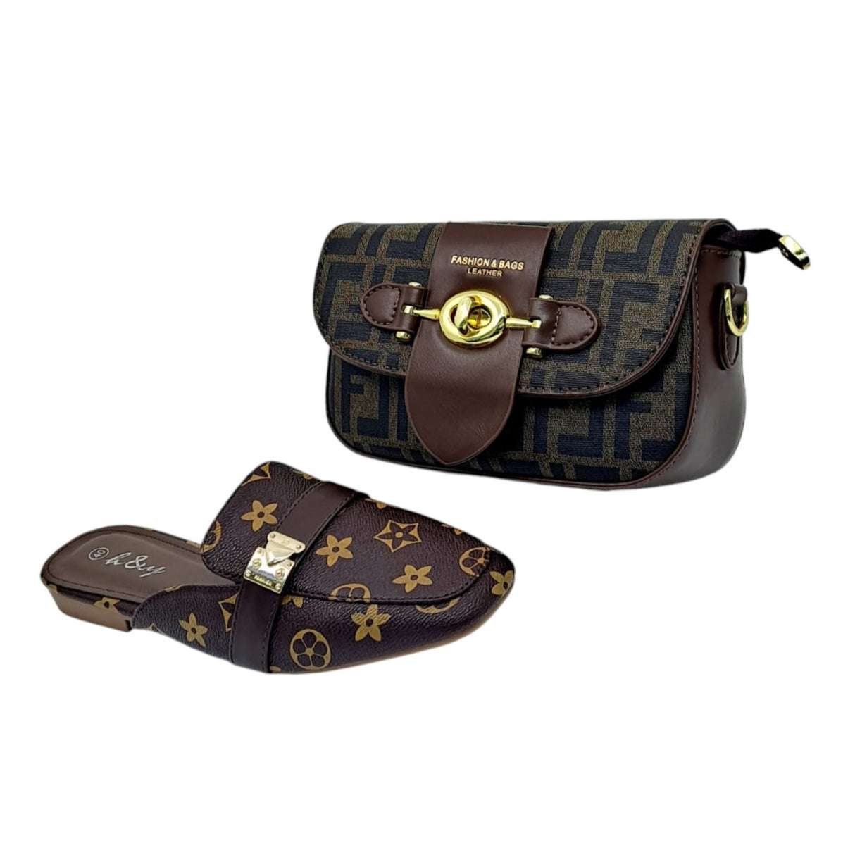 H and Y Printed Mule Flats and Geometric Handbag Set - Glagil