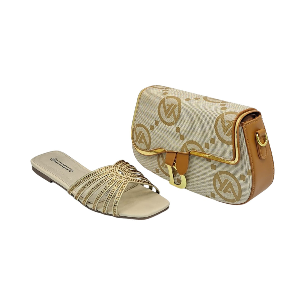 Unique Strappy Flats and Monogram Handbag Set - Glagil