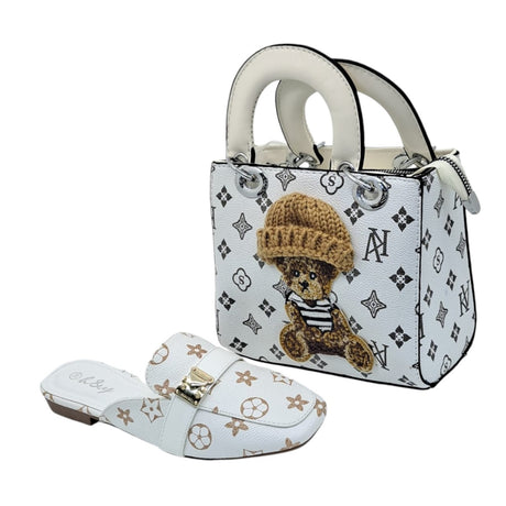 H and Y Print Loafers and Teddy Bear Monogram Handbag Set - Glagil