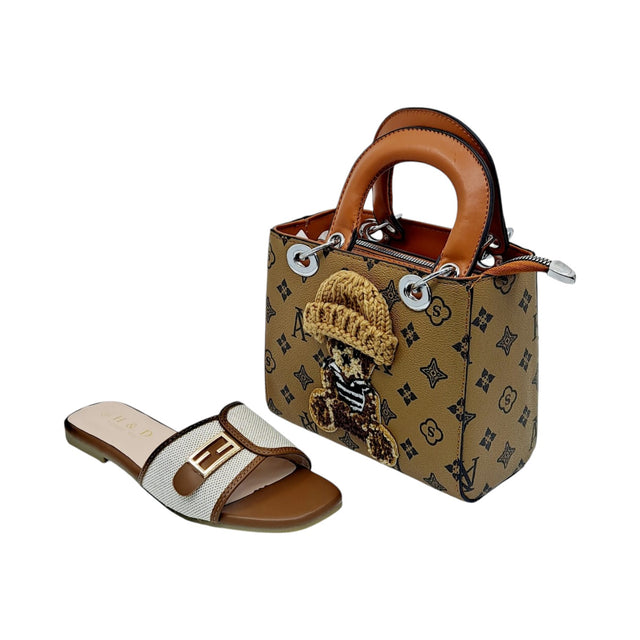 H and D Mesh Slide Sandals and Teddy Bear Mini Handbag Set - Glagil